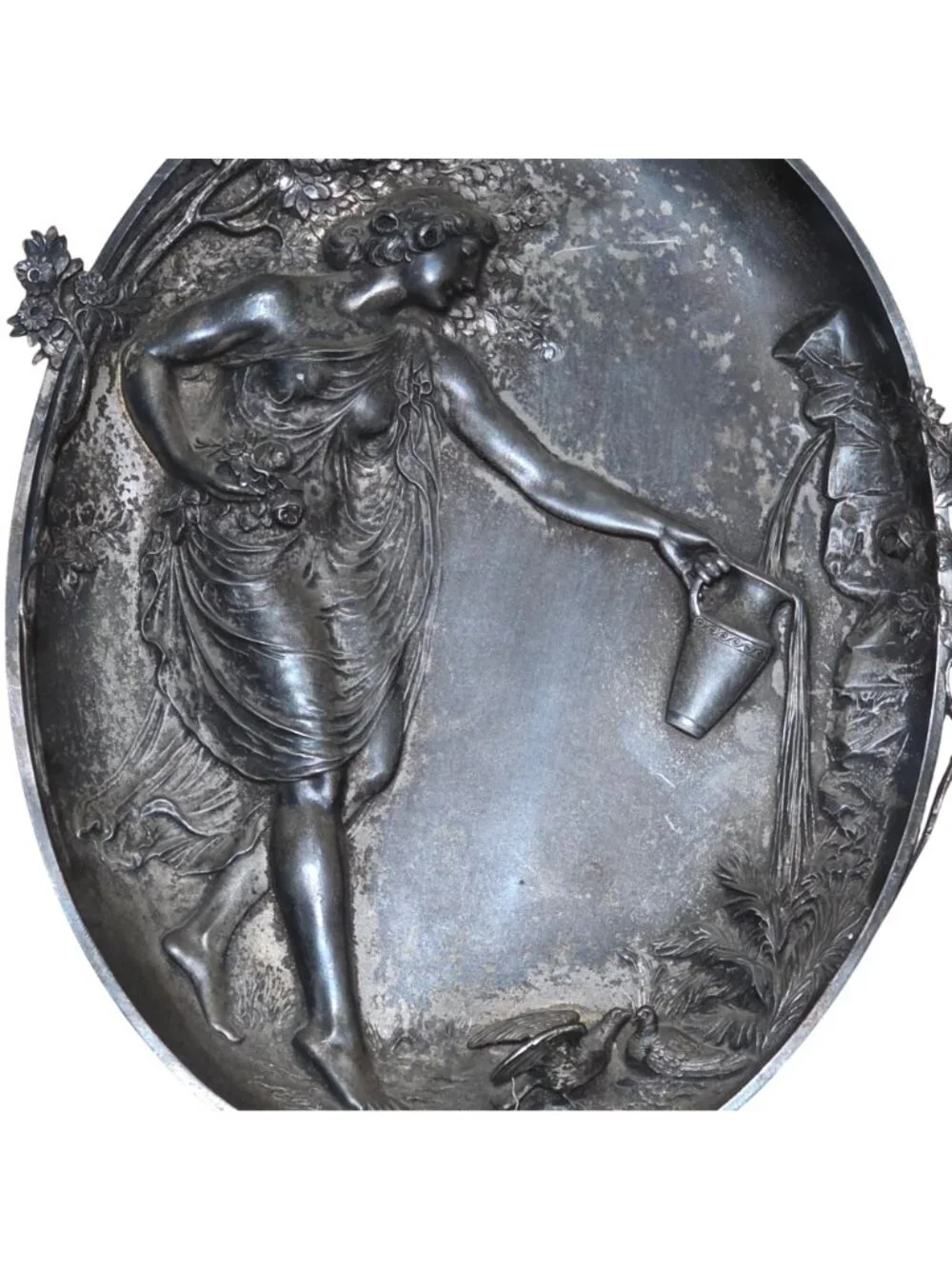 WMF Oval Art Nouveau Silverplate Pewter Wall Plaque 'Menade at Spring' 15